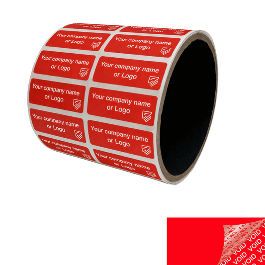 500 TamperColor® Red Custom Printed Security Labels: Tamper Evident, Rectangle 1.5" x 0.6" (38mm x 15mm) >Click on item details to customize.