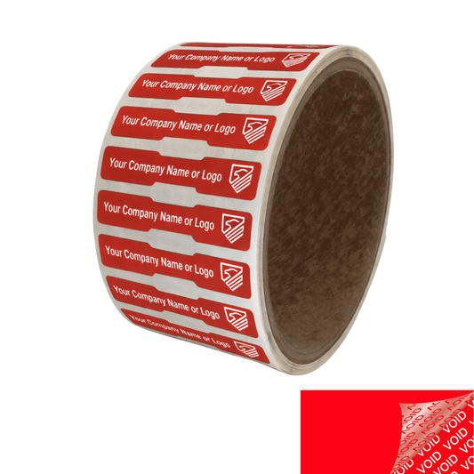 250 TamperColor® Red Custom Printed Security Labels: Tamper Evident, Dogbone Shape Size 1.75" x 0.375 (44mm x 9mm) >Click on item details to customize.