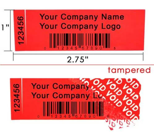 500 TamperColor® Red Custom Printed Security Labels: Tamper Evident, Rectangle 2.75" x 1" (70mm x 25mm) >Click on item details to customize.