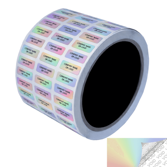250 TamperColor® Holographic Rainbow Color/ Finish Custom Printed Security Labels: Tamper Evident, Rectangle 0.75" x 0.25" (19mm x 6mm) >Click on item details to customize.
