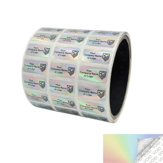 250 TamperColor® Holographic Rainbow Color/ Finish Custom Printed Security Labels: Tamper Evident, Rectangle 1" x 0.5" (25mm x 13mm) >Click on item details to customize.