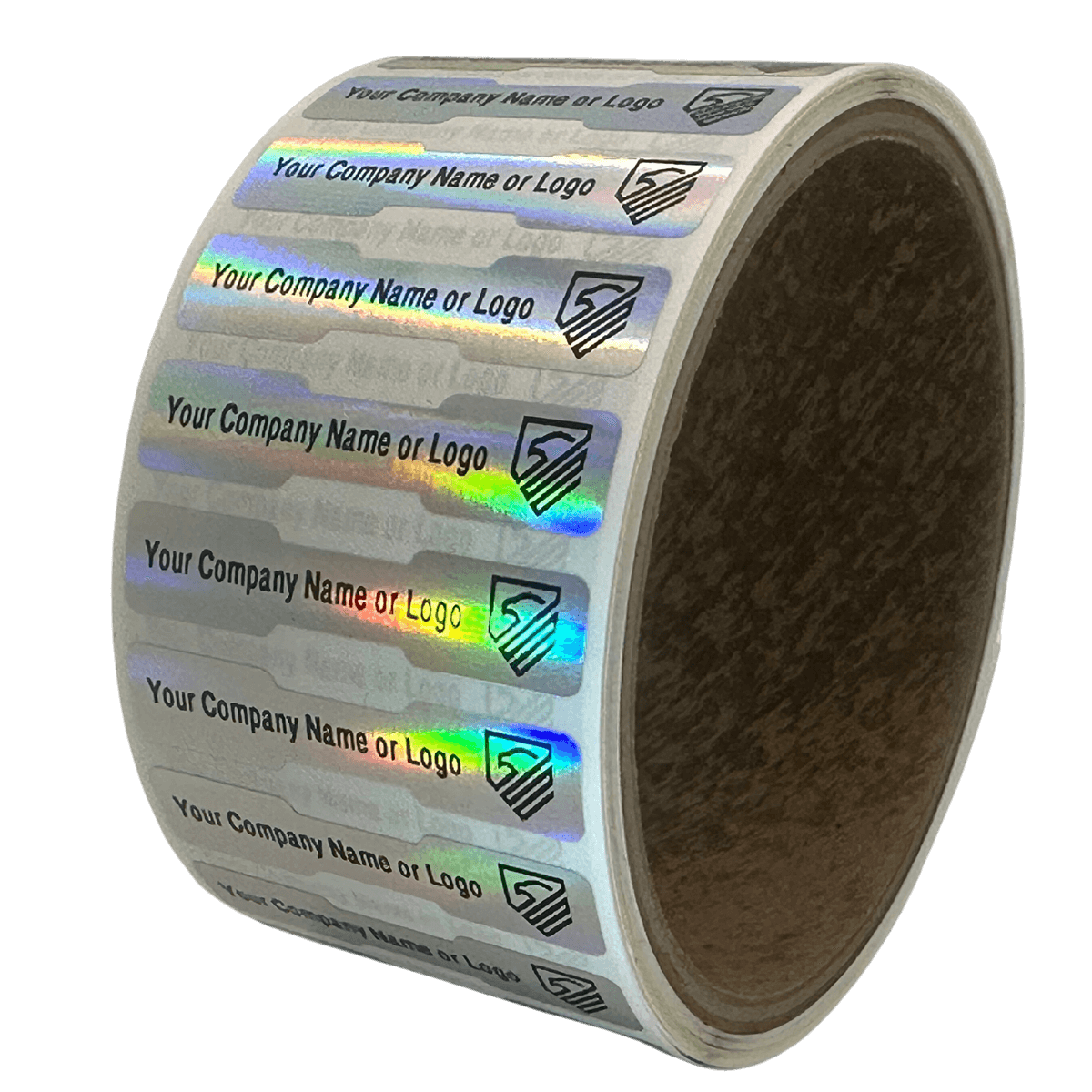 1,000 TamperColor® Holographic Rainbow Color/ Finish Custom Printed Security Labels: Tamper Evident, Dogbone Shape Size 1.75" x 0.375 (44mm x 9mm) >Click on item details to customize.