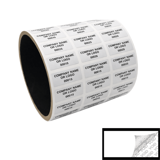 500 White TamperColor® Tamper Evident Security Label Seal Sticker, Rectangle 1"x 0.375" (25mm x 9mm). Custom Print. >Click on item details to customize it.