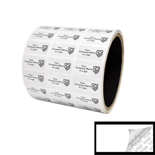 5,000 TamperColor® White Custom Printed Security Labels: Tamper Evident, Rectangle 1" x 0.5" (25mm x 13mm) >Click on item details to customize.