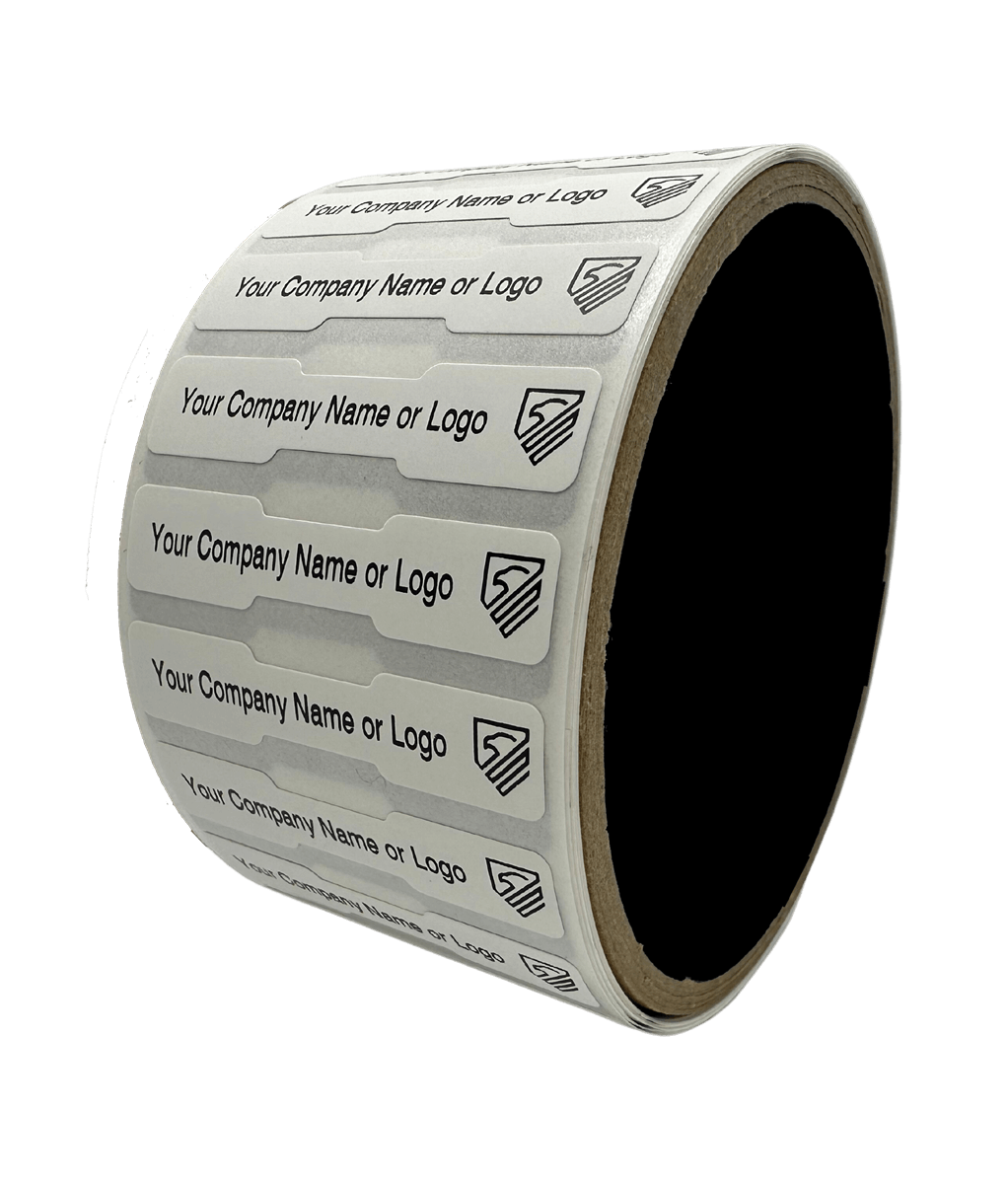 1,000 TamperColor® White Custom Printed Security Labels: Tamper Evident, Dogbone Shape Size 1.75" x 0.375 (44mm x 9mm) >Click on item details to customize.