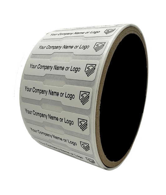 5,000 TamperColor® White Custom Printed Security Labels: Tamper Evident, Dogbone Shape Size 1.75" x 0.375 (44mm x 9mm) >Click on item details to customize.