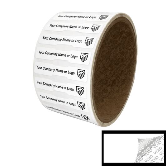 5,000 TamperColor® White Custom Printed Security Labels: Tamper Evident, Dogbone Shape Size 1.75" x 0.375 (44mm x 9mm) >Click on item details to customize.