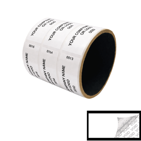 5,000 TamperColor® White Custom Printed Security Labels: Tamper Evident, Rectangle 2.75" x 1" (70mm x 25mm) >Click on item details to customize.