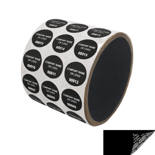 5,000 Non Residue Black Tamper-Evident Stickers TamperGuard® Security Label Seal , Round/ Circle 0.75" diameter (19mm) >Click on item details to customize.