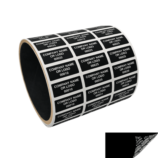 250 Black TamperGuard® Tamper Evident Security Label Seal Sticker Non Residue, Rectangle 1"x 0.375" (25mm x 9mm). Custom Print. >Click on item details to customize it.