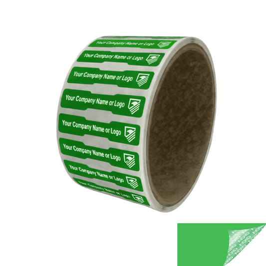 10,000 Non Residue Green Tamper-Evident Stickers TamperGuard® Security Label Seal , Dogbone Shape Size 1.75" x 0.375 (44mm x 9mm) >Click on item details to customize.