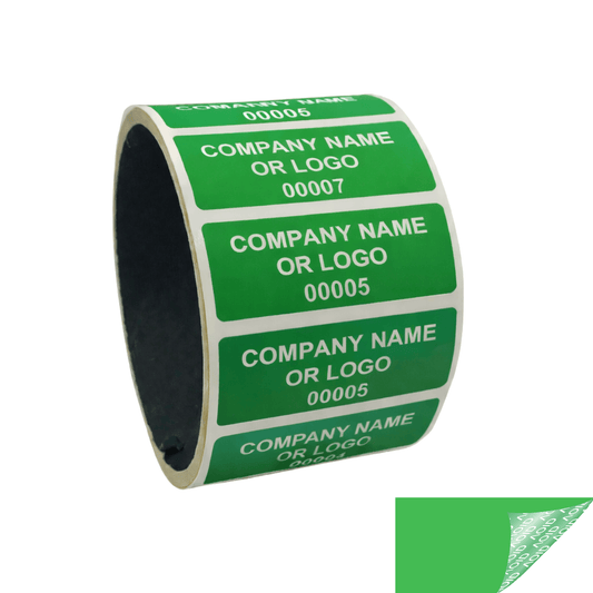 10,000 Green TamperGuard® Tamper Evident Security Label Seal Sticker Non Residue, Rectangle 2" x 0.75" (51mm x 19mm). Custom Print. >Click on item details to customize it.