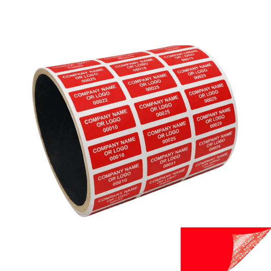 250 Red TamperGuard® Tamper Evident Security Label Seal Sticker Non Residue, Rectangle 1"x 0.375" (25mm x 9mm). Custom Print. >Click on item details to customize it.