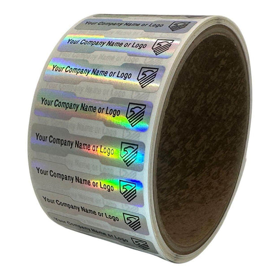 1,000 Non Residue Holographic Rainbow Finish Tamper-Evident Stickers TamperGuard® Security Label Seal, Dogbone Shape Size 1.75" x 0.375 (44mm x 9mm) >Click on item details to customize.