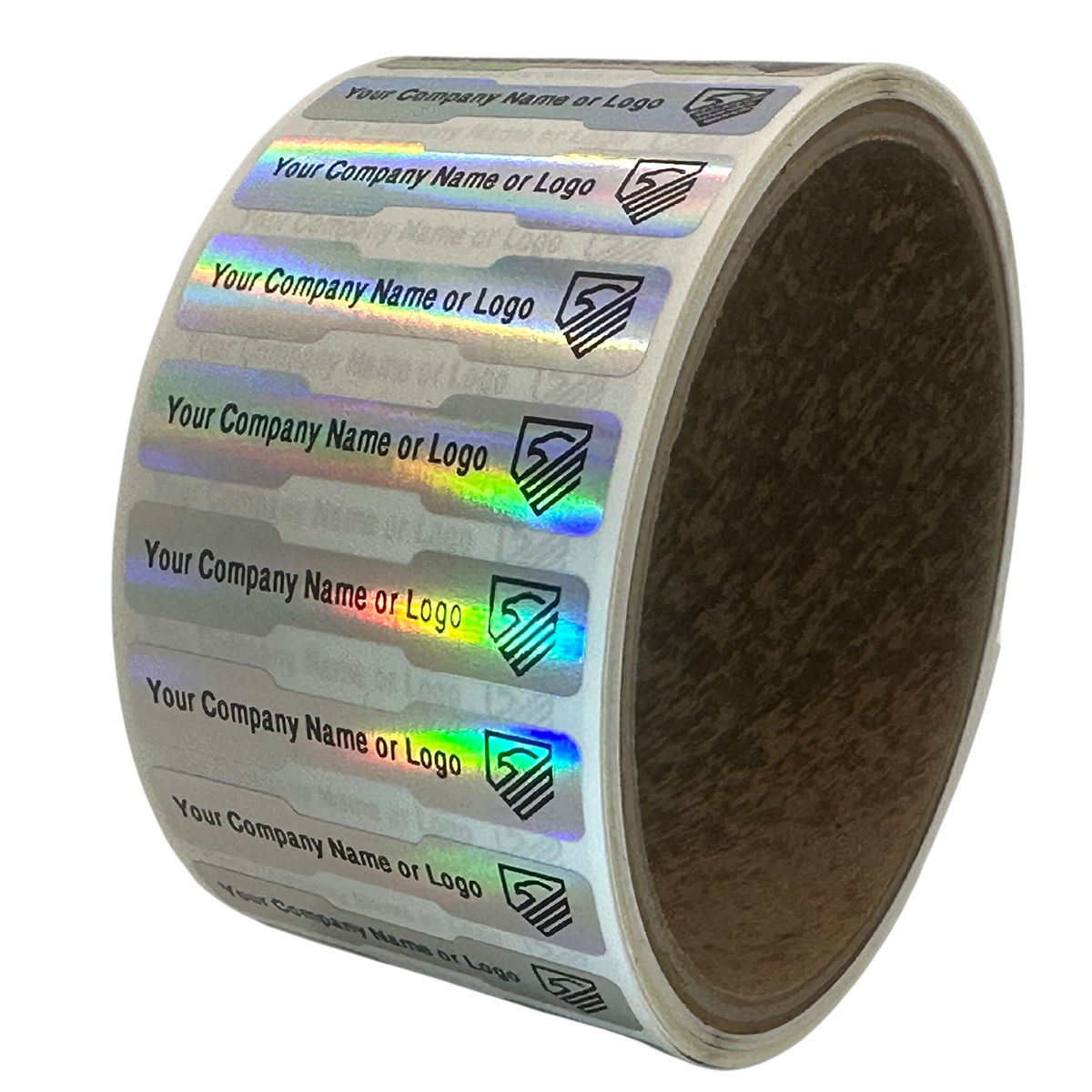 2,000 Non Residue Holographic Rainbow Finish Tamper-Evident Stickers TamperGuard® Security Label Seal, Dogbone Shape Size 1.75" x 0.375 (44mm x 9mm) >Click on item details to customize.