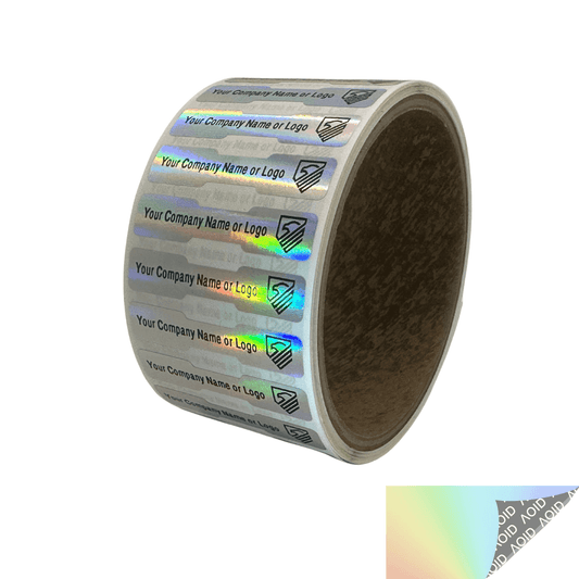 10,000 Non Residue Holographic Rainbow Finish Tamper-Evident Stickers TamperGuard® Security Label Seal, Dogbone Shape Size 1.75" x 0.375 (44mm x 9mm) >Click on item details to customize.