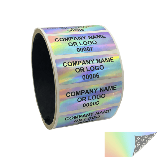 10,000 Rainbow TamperGuard® Tamper Evident Security Label Seal Sticker Non Residue, Rectangle 2" x 0.75" (51mm x 19mm). Custom Print. >Click on item details to customize it.