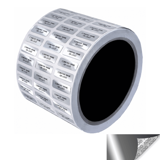 250 Silver Bright TamperGuard® Tamper Evident Security Label Seal Sticker Non Residue, Rectangle 0.75" x 0.25" (19mm x 6mm). Custom Print. >Click on item details to customize it.
