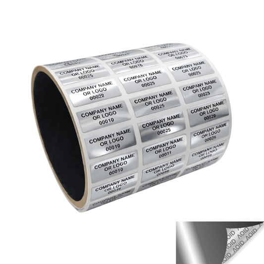 250 Silver Bright TamperGuard® Tamper Evident Security Label Seal Sticker Non Residue, Rectangle 1"x 0.375" (25mm x 9mm). Custom Print. >Click on item details to customize it.