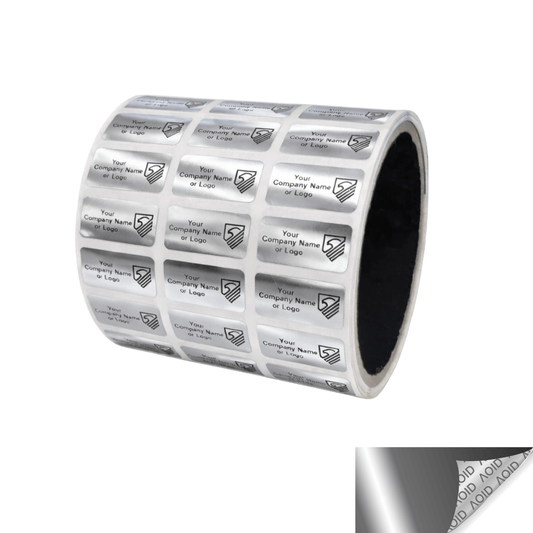 250 Silver Bright TamperGuard® Tamper Evident Security Label Seal Sticker Non Residue, Rectangle 1"x 0.5" (25mm x 13mm). Custom Print. >Click on item details to customize it.