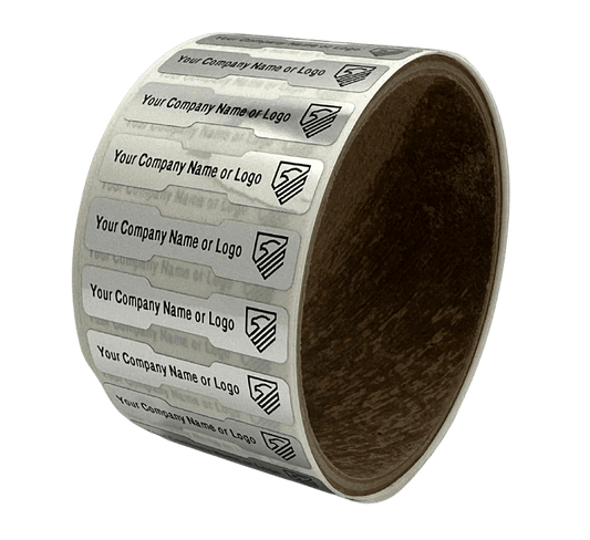 1,000 Non Residue Silver Bright Chrome Tamper-Evident Stickers TamperGuard® Security Label Seal, Dogbone Shape Size 1.75" x 0.375 (44mm x 9mm) >Click on item details to customize.