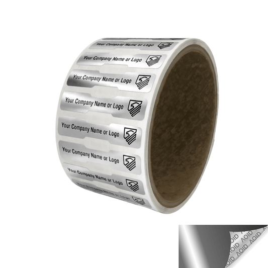 2,000 Non Residue Silver Bright Chrome Tamper-Evident Stickers TamperGuard® Security Label Seal , Dogbone Shape Size 1.75" x 0.375 (44mm x 9mm) >Click on item details to customize.