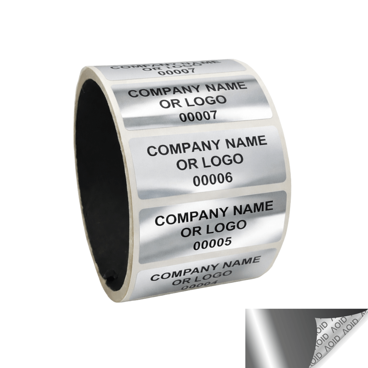 10,000 Silver Bright TamperGuard® Tamper Evident Security Label Seal Sticker Non Residue, Rectangle 2" x 0.75" (51mm x 19mm). Custom Print. >Click on item details to customize it.