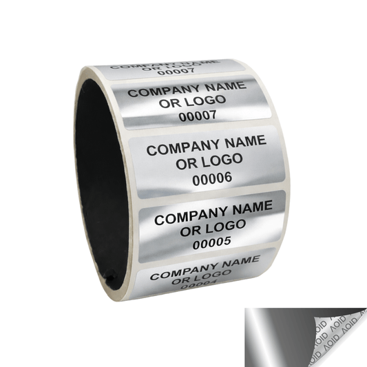 10,000 Silver Bright TamperGuard® Tamper Evident Security Label Seal Sticker Non Residue, Rectangle 2" x 0.75" (51mm x 19mm). Custom Print. >Click on item details to customize it.