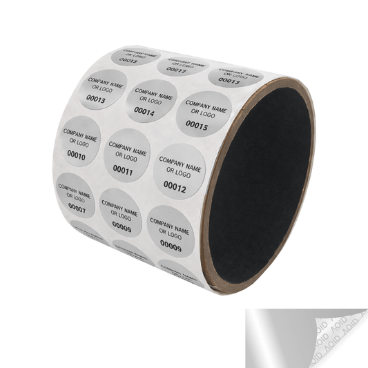 2,000 Non Residue Silver Matte Chrome Tamper-Evident Stickers TamperGuard® Security Label Seal , Round/ Circle 0.75" diameter (19mm) >Click on item details to customize.