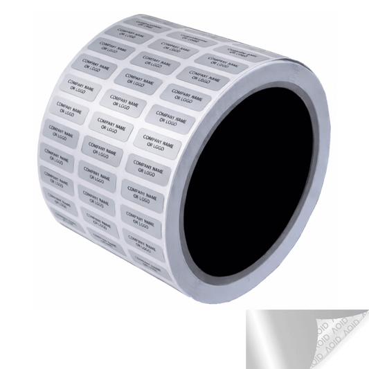 250 Silver Mate TamperGuard® Tamper Evident Security Label Seal Sticker Non Residue, Rectangle 0.75" x 0.25" (19mm x 6mm). Custom Print. >Click on item details to customize it.