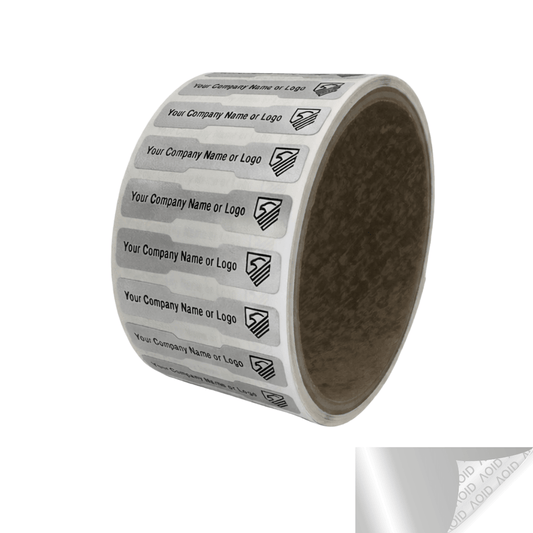 2,000 Non Residue Silver Matte Chrome Tamper-Evident Stickers TamperGuard® Security Label Seal , Dogbone Shape Size 1.75" x 0.375 (44mm x 9mm) >Click on item details to customize.