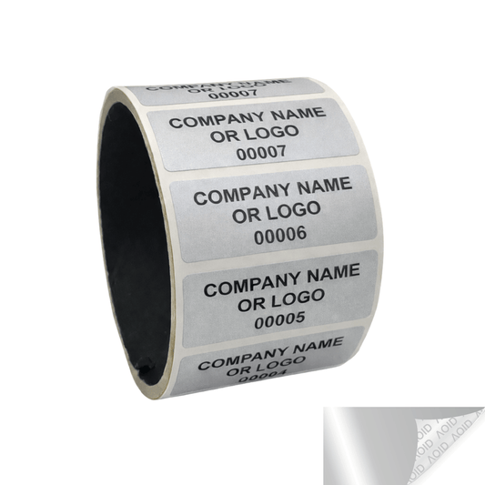 10,000 Silver Mate TamperGuard® Tamper Evident Security Label Seal Sticker Non Residue, Rectangle 2" x 0.75" (51mm x 19mm). Custom Print. >Click on item details to customize it.