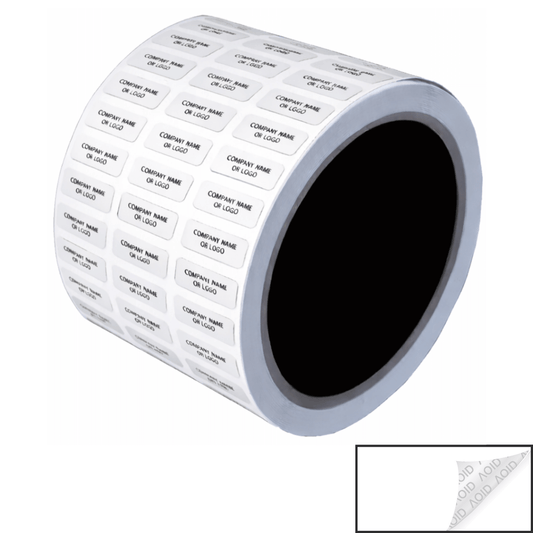 500 White TamperGuard® Tamper Evident Security Label Seal Sticker Non Residue, Rectangle 0.75" x 0.25" (19mm x 6mm). Custom Print. >Click on item details to customize it.