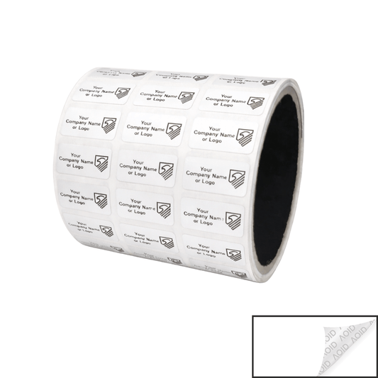1,000 White TamperGuard® Tamper Evident Security Label Seal Sticker Non Residue, Rectangle 1"x 0.5" (25mm x 13mm). Custom Print. >Click on item details to customize it.