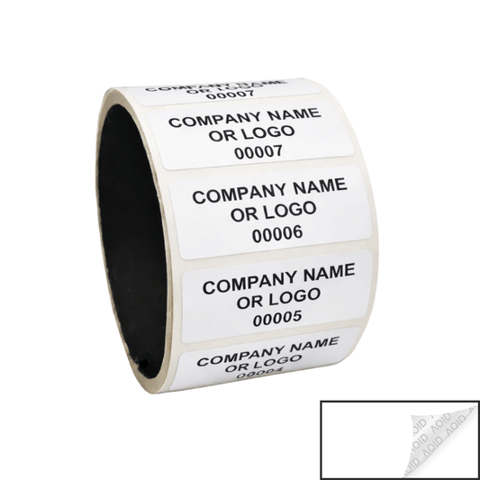 500 White TamperGuard® Tamper Evident Security Label Seal Sticker Non Residue, Rectangle 2" x 0.75" (51mm x 19mm). Custom Print. >Click on item details to customize it.