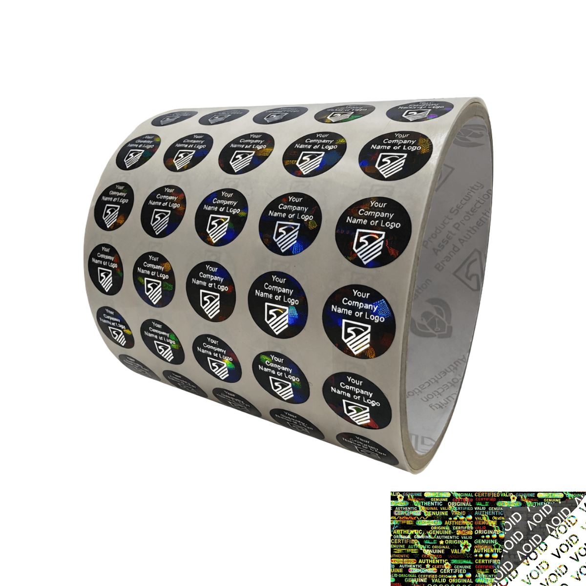 250 Black Tamper Evident Security Holographic Round Label Seal Sticker, Circle 0.5" diameter (13mm). CustomPrinted. >Click on item details to Customize.