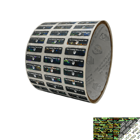 500 Black Tamper Evident Security Hologram Label Seal Sticker, Rectangle 0.75" x 0.25" (19mm x 6mm). CustomPrinted. >Click on item details to Customize.