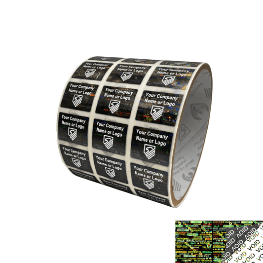 5,000 Black Tamper Evident Security Hologram Label Seal Sticker, Rectangle .75" x 0.6" (19mm x 15mm). CustomPrinted. >Click on item details to Customize.