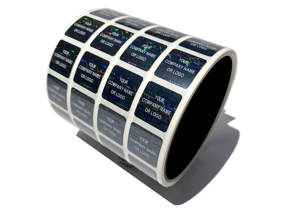 250 Black Tamper Evident Security Holographic Label Seal Sticker, Square 0.75"(19mm). CustomPrinted. >Click on item details to Customize.