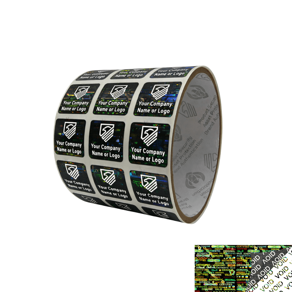 250 Black Tamper Evident Security Holographic Label Seal Sticker, Square 0.75"(19mm). CustomPrinted. >Click on item details to Customize.