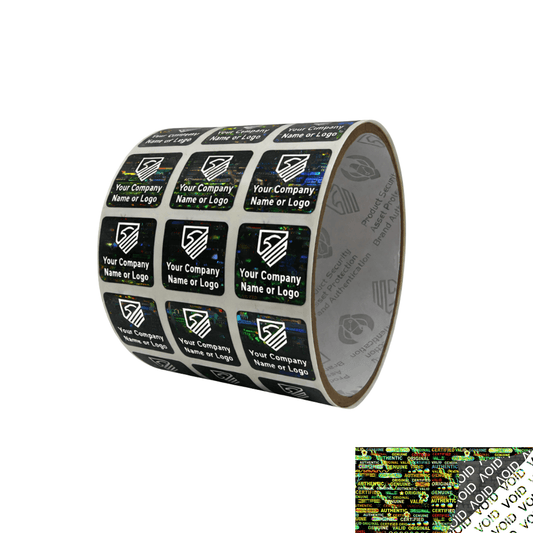 250 Black Tamper Evident Security Holographic Label Seal Sticker, Square 0.75"(19mm). CustomPrinted. >Click on item details to Customize.