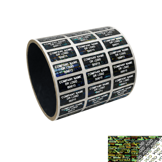 5,000 Black Tamper Evident Security Holographic Label Seal Sticker, Rectangle 1" x 0.375" (25mm x 9mm). CustomPrinted. >Click on item details to Customize.