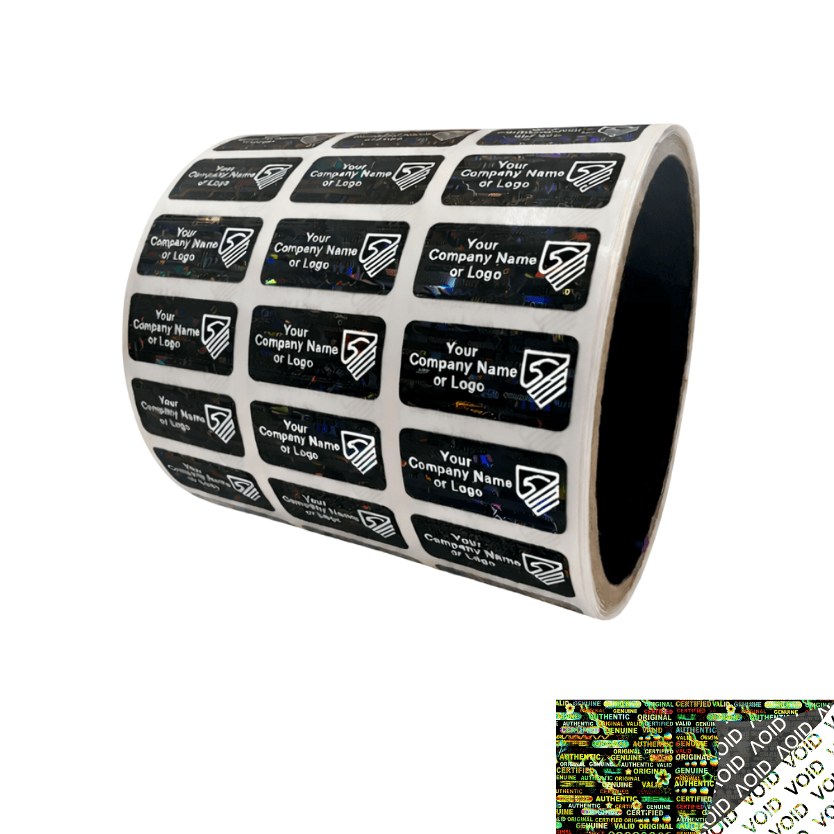5,000 Black Tamper Evident Security Holographic Label Seal Sticker, Rectangle 1" x 0.5" (25mm x 13mm). CustomPrinted. >Click on item details to Customize.