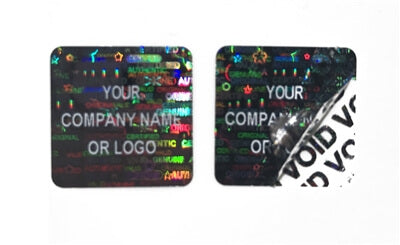 1,000 Black Tamper Evident Security Holographic Label Seal Sticker, Square 1" x 1" (25mm x 25mm). CustomPrinted. >Click on item details to Customize.