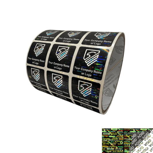 250 Black Tamper Evident Security Holographic Label Seal Sticker, Square 1" x 1" (25mm x 25mm). CustomPrinted. >Click on item details to Customize.