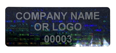 500 Black Tamper Evident Security Hologram Label Seal Sticker, Rectangle 1.5" x 0.6" (38mm x 15mm). CustomPrinted. >Click on item details to Customize.