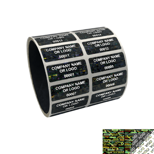 2,000 Black Tamper Evident Security Hologram Label Seal Sticker, Rectangle 1.5" x 0.6" (38mm x 15mm). CustomPrinted. >Click on item details to Customize.