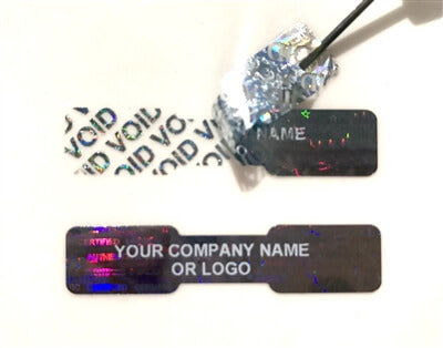 5,000 Black Tamper Evident Security Hologram Label Seal Sticker, Dogbone 1.75" x 0.375" (44mm x 9mm). CustomPrinted. >Click on item details to Customize.