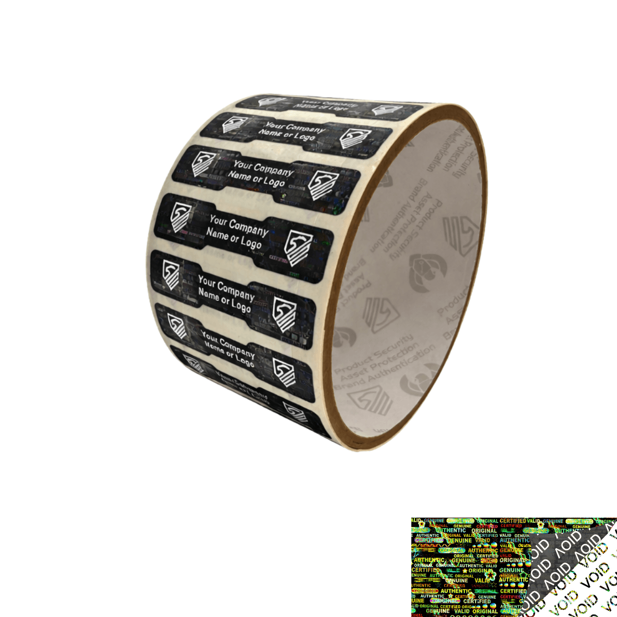 5,000 Black Tamper Evident Security Hologram Label Seal Sticker, Dogbone 1.75" x 0.375" (44mm x 9mm). CustomPrinted. >Click on item details to Customize.