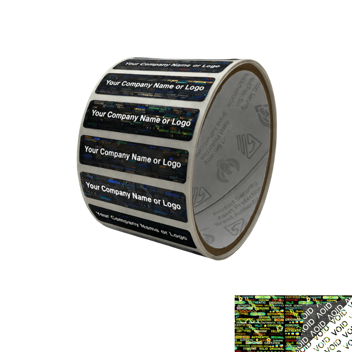 2,000 Tamper Evident Holographic Bright Black Security Label Seal Sticker, Rectangle 2" x 0.5" (51mm x 13mm). Custom Print. >Click on item details to customize it.